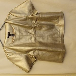 Aqua faux leather top, size S, silvery gold color.